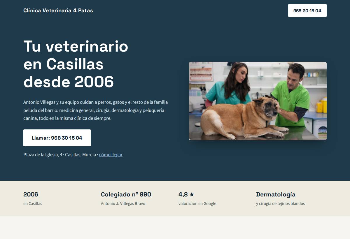 Portada de la web de Clínica Veterinaria 4 Patas