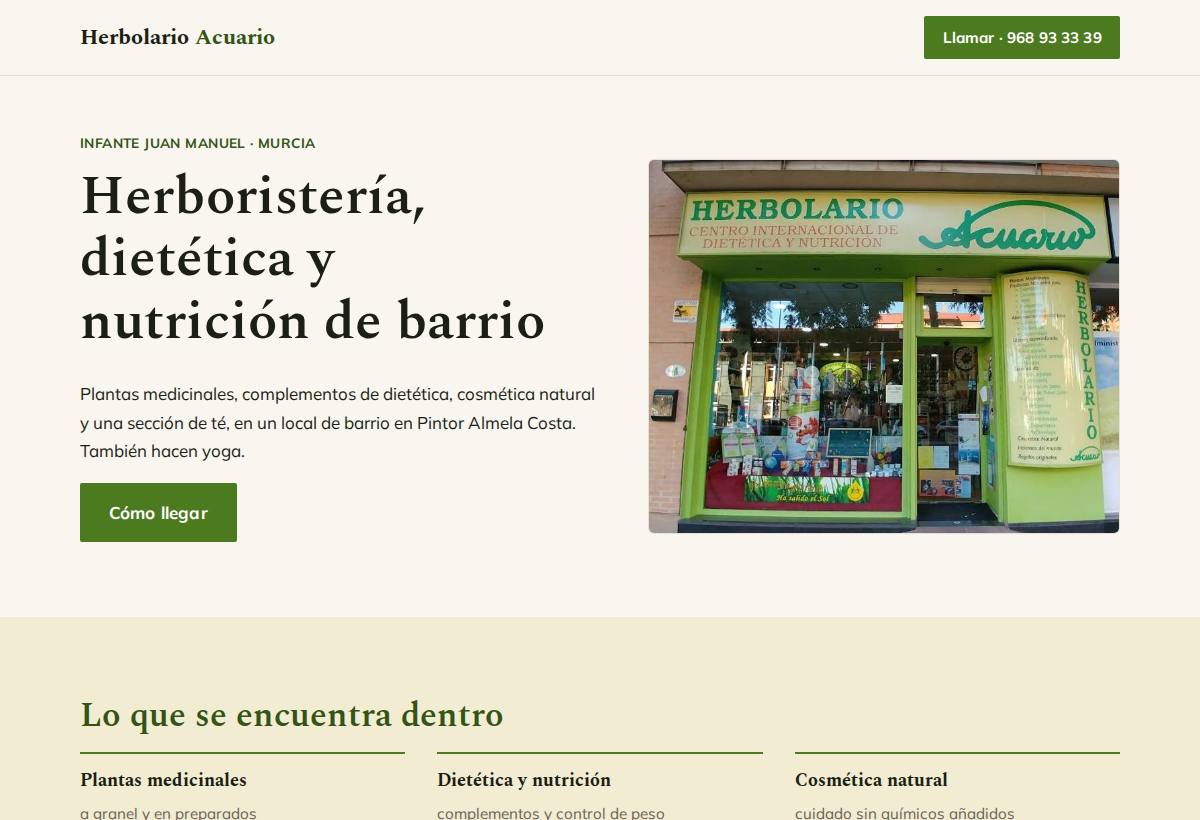 Portada de la web de Herbolario Acuario