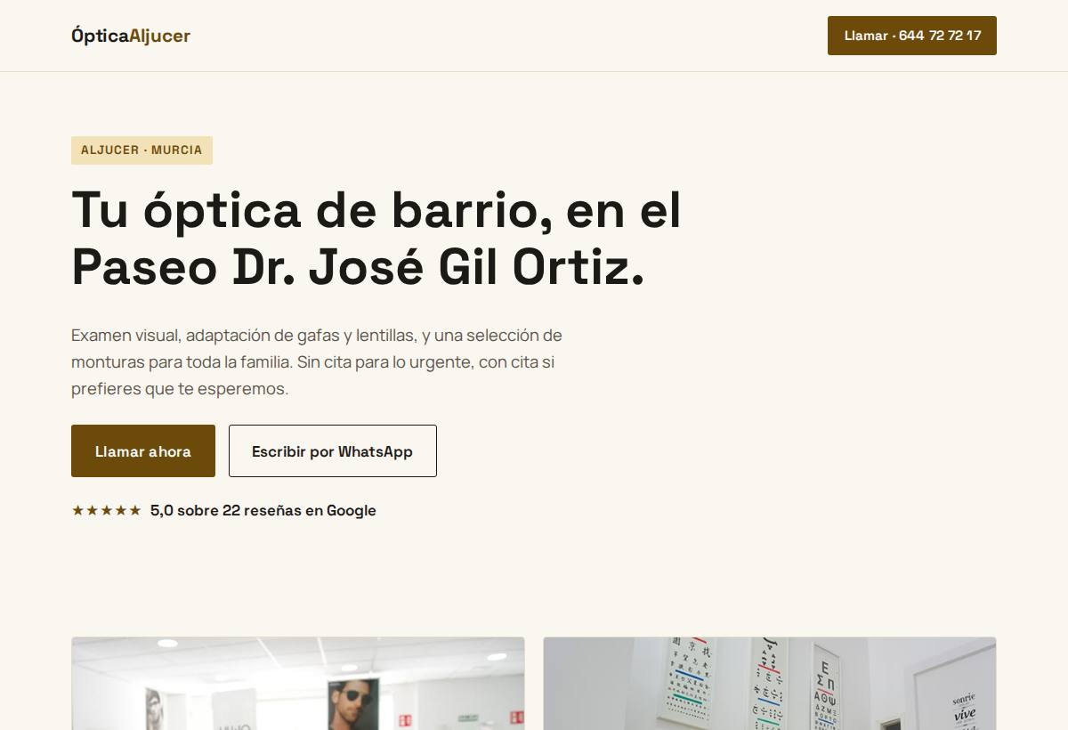 Portada de la web de Óptica Aljucer